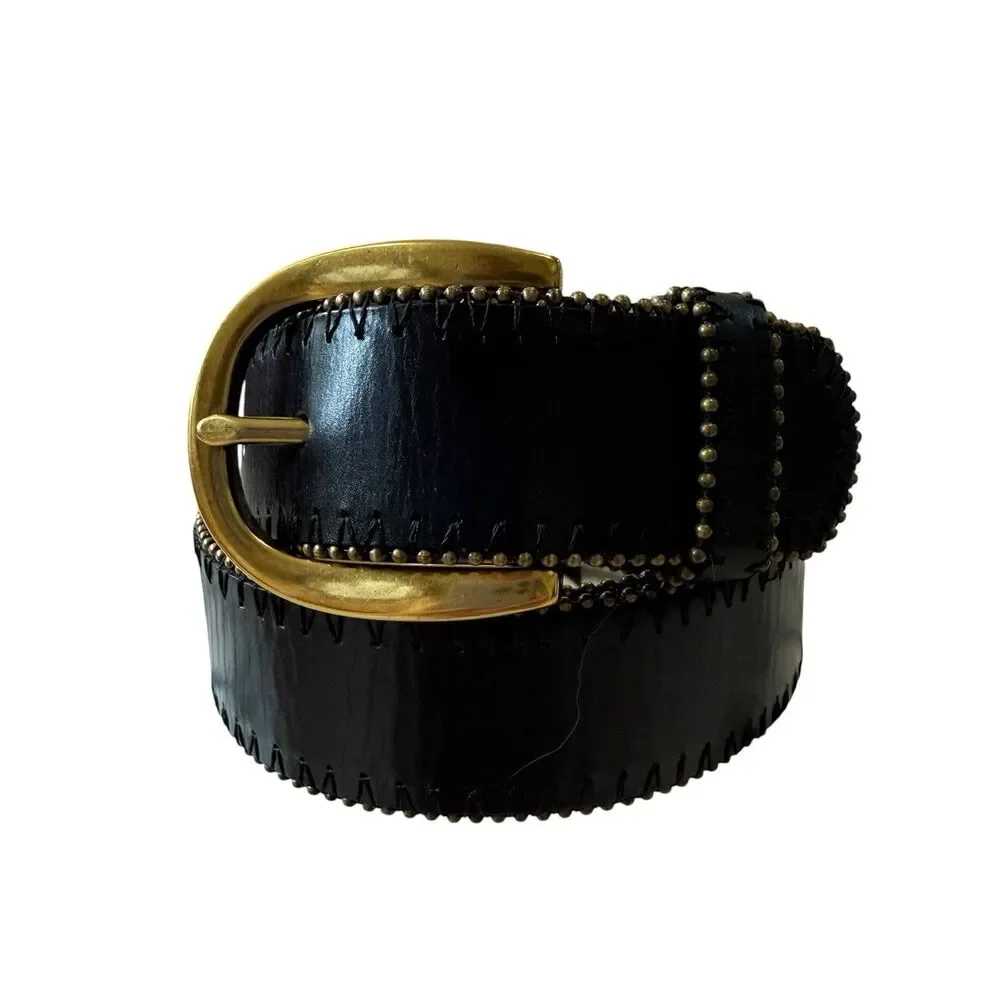 Fossil Black Croc-Embossed Leather Studded Belt Gold Buckle Size Medium